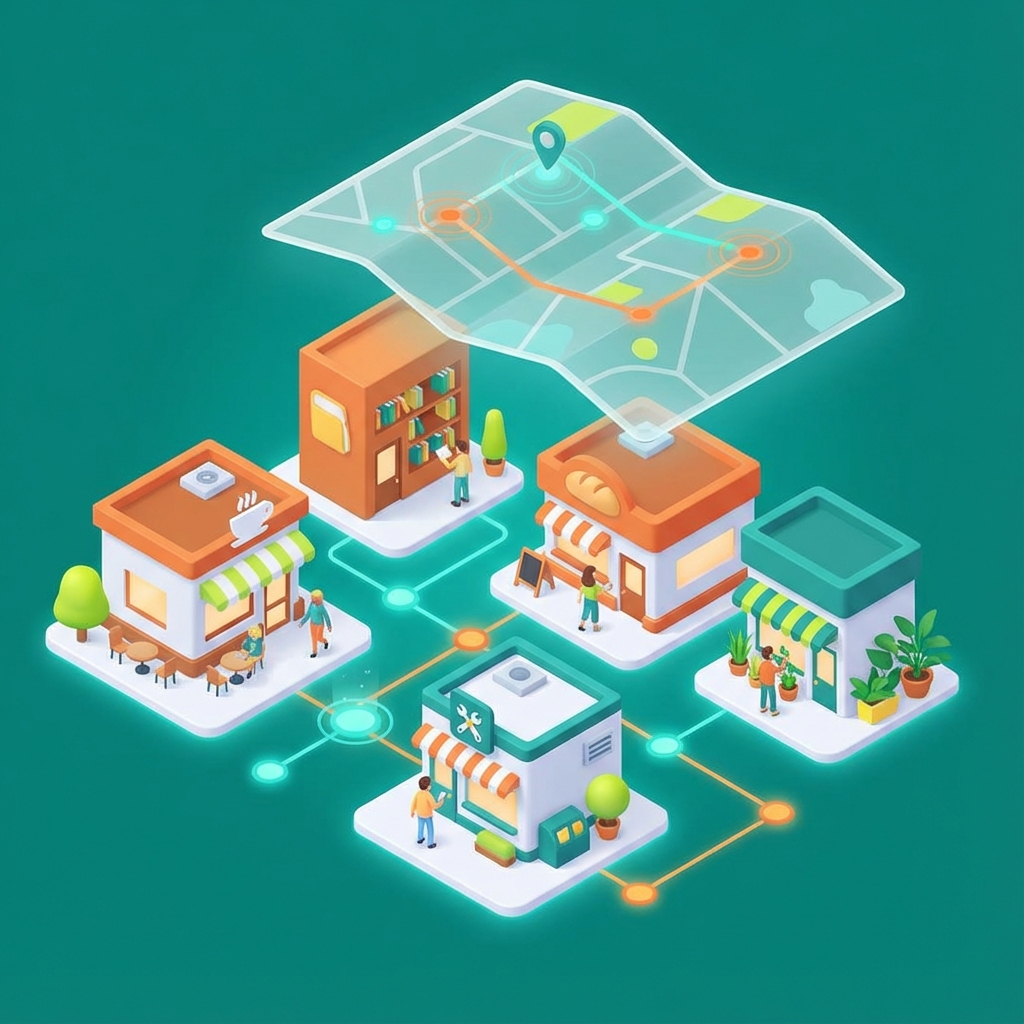 Connected community illustration with maps and AI nodes